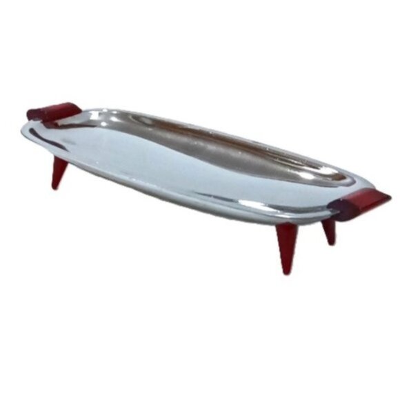 Vintage Gourmates by Glo Hill Canada Chrome Tray w/ Red Bakelite Handles‎ & Feet - Picture 2 of 6